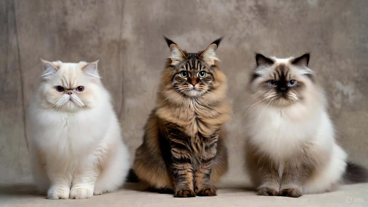 Persian, Maine Coon, and Himalayan cats side by side showing their long-haired coats.