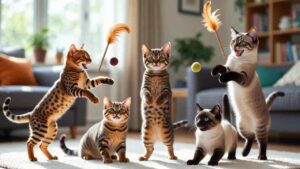 Energetic and playful cat breeds jumping and playing indoors, including Abyssinian, Bengal, Siamese, and Siberian cats.