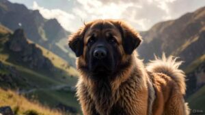 Powerful Tibetan Mastiff guard dog standing alert outside a home