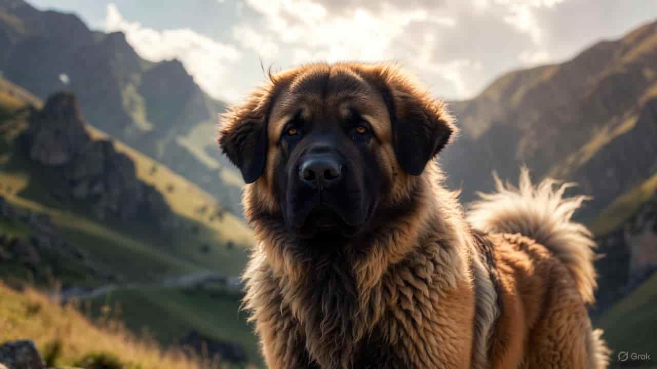 Powerful Tibetan Mastiff guard dog standing alert outside a home