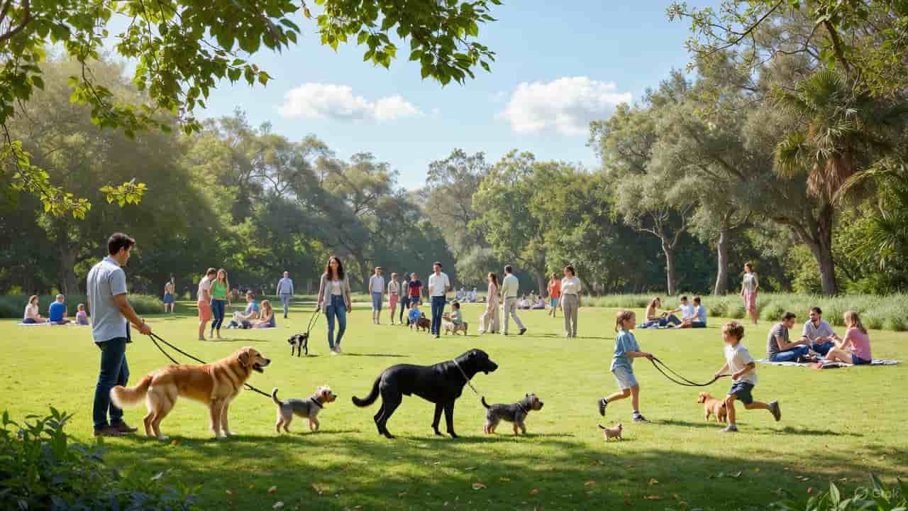 People interacting with their pets in a community park, showing how pets encourage social connection and community bonding