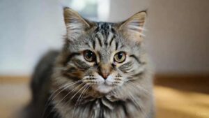“Tiger striped tabby cat with bold dark stripes and golden eyes sitting on a wooden floor.”