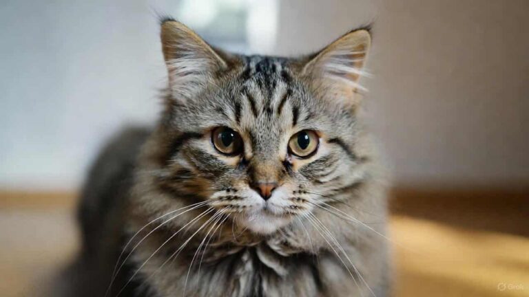 “Tiger striped tabby cat with bold dark stripes and golden eyes sitting on a wooden floor.”