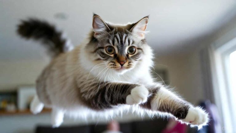 Athletic cat jumping and playing in a bright indoor home