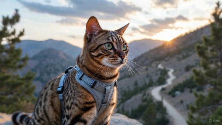 “Bengal adventure cat wearing a harness on a mountain trail during travel.”