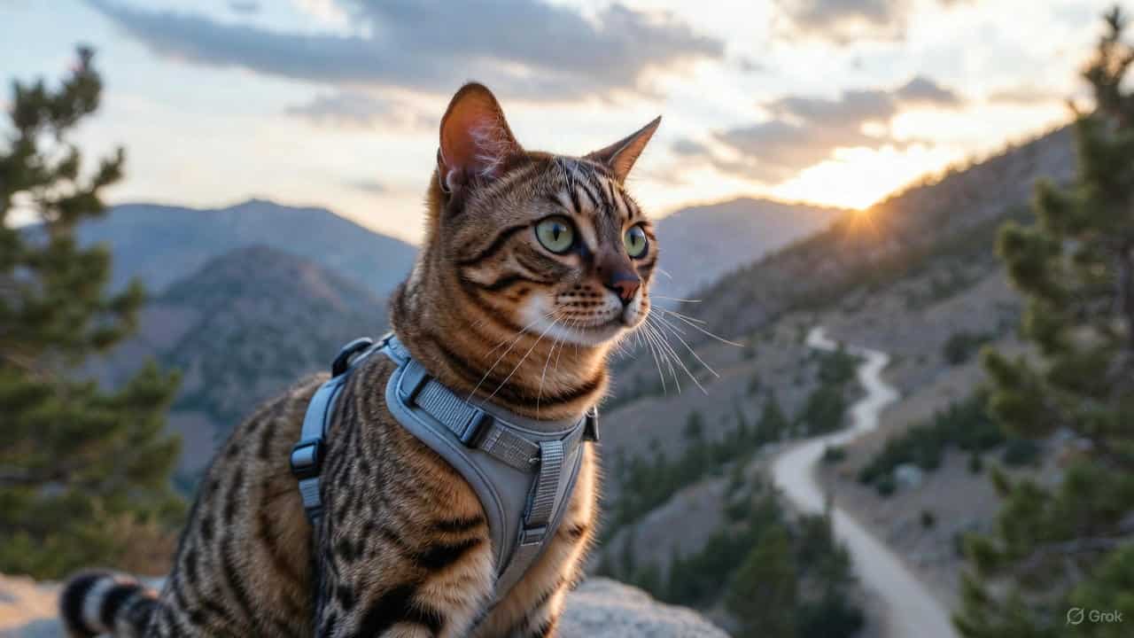 “Bengal adventure cat wearing a harness on a mountain trail during travel.”