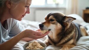 Sick dog eating recovery food like boiled chicken and rice to support healing