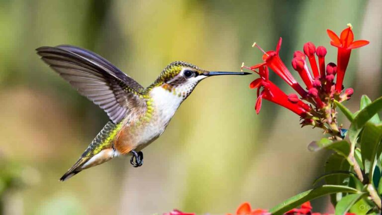 Hummingbird hovering near red flowers during winter migration