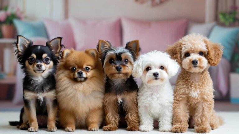 5 smallest teacup dog breeds sitting together showing their tiny size and adorable appearance