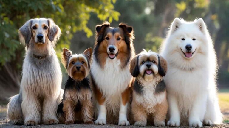 5 stunning long-haired dog breeds including Afghan Hound, Yorkshire Terrier, Rough Collie, Shih Tzu, and Samoyed