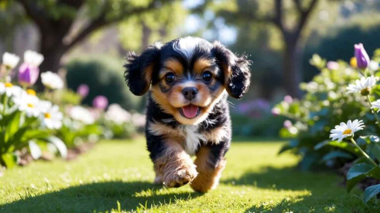 Precious cavalier king puppy with big eyes sniffing pretty spring flowers, golden sunlight"