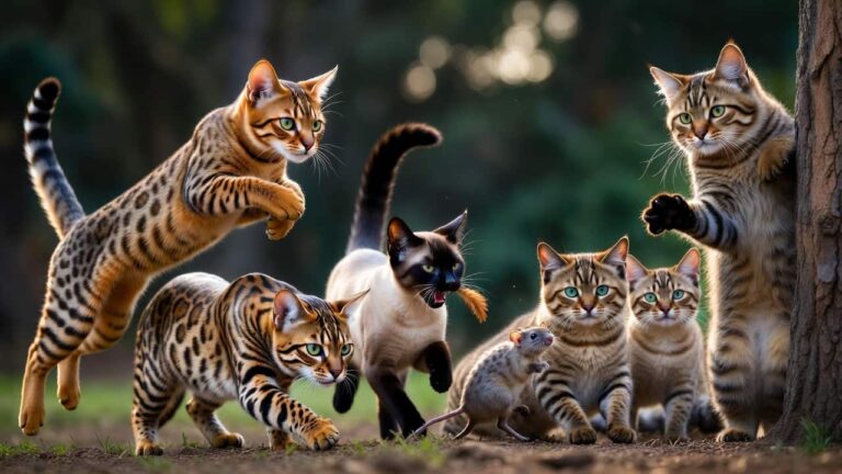Seven famous hunting cat breeds in action showcasing their natural predatory skills