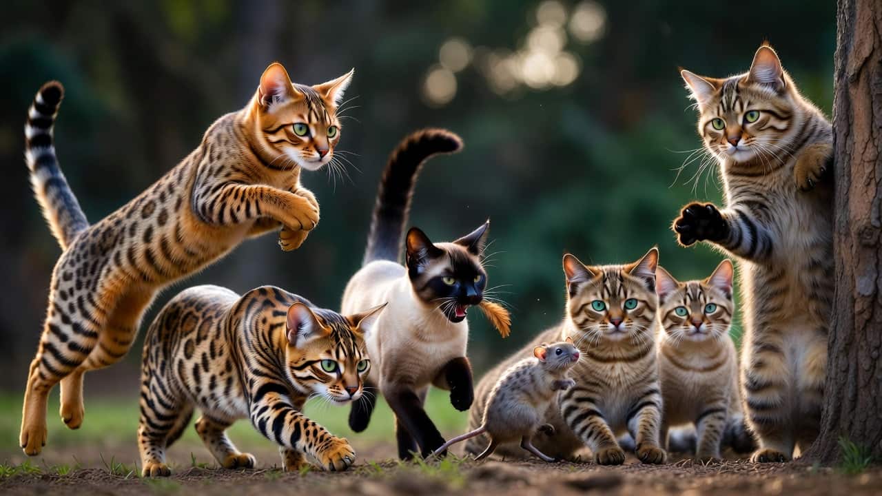Seven famous hunting cat breeds in action showcasing their natural predatory skills