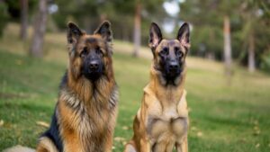 Belgian Shepherd vs German Shepherd sitting side by side as family dogs in a backyard