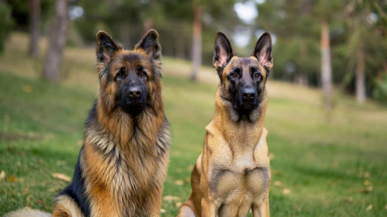 Belgian Shepherd vs German Shepherd sitting side by side as family dogs in a backyard