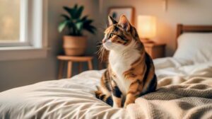 A calico cat with black, orange, and white fur sitting near a window in a cozy home environment