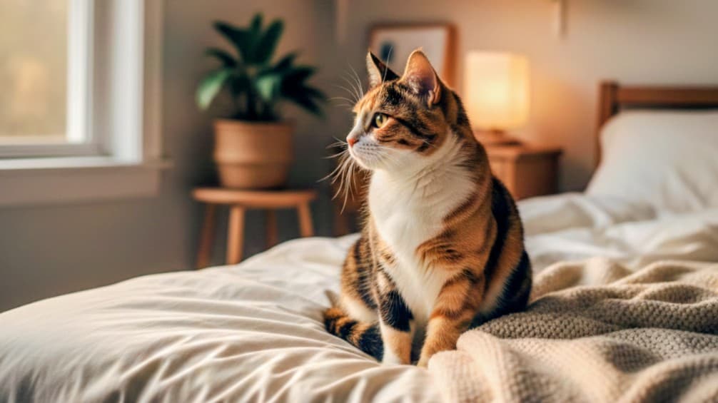 A calico cat with black, orange, and white fur sitting near a window in a cozy home environment