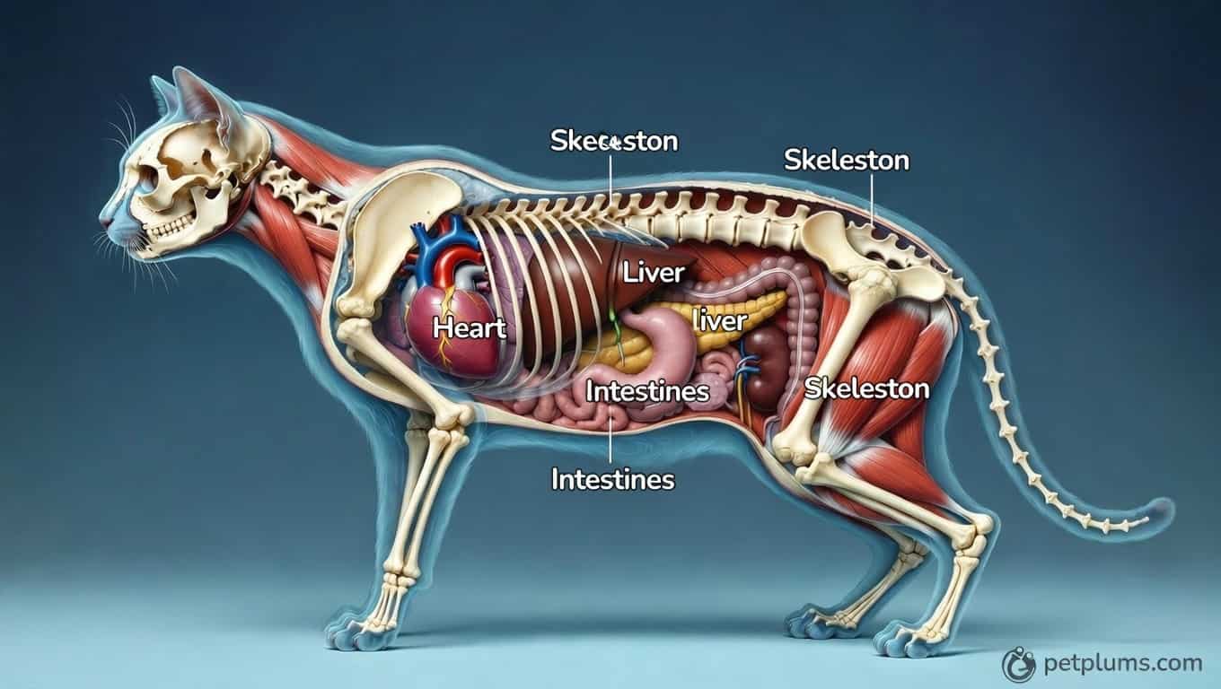 Cat anatomy diagram showing internal organs, skeleton, and muscle structure