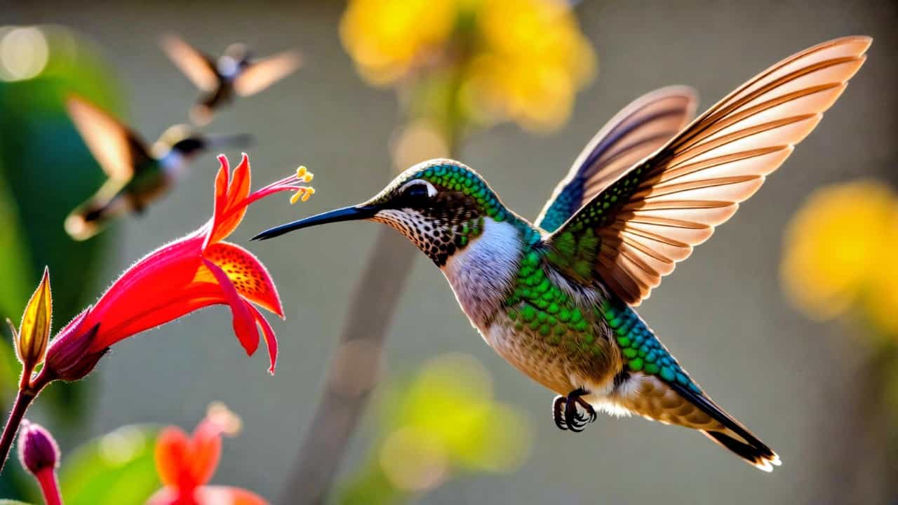 Hummingbird drinking nectar from a feeder in a sunny garden with other small birds in the background.