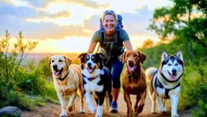 Group of energetic dog breeds running and hiking with active owner on scenic trail at sunset
