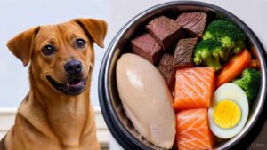 High-protein foods for dogs including chicken, beef, fish, and eggs in a healthy dog diet