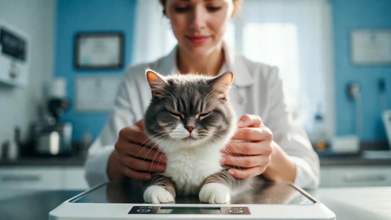 Veterinarian checking a cat’s weight on a digital scale to monitor healthy body condition