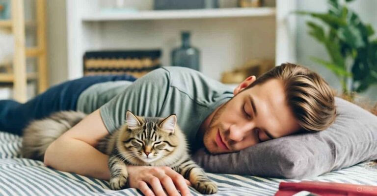 Person sleeping peacefully with a dog and cat on the bed, showing emotional comfort and strong bond with pets