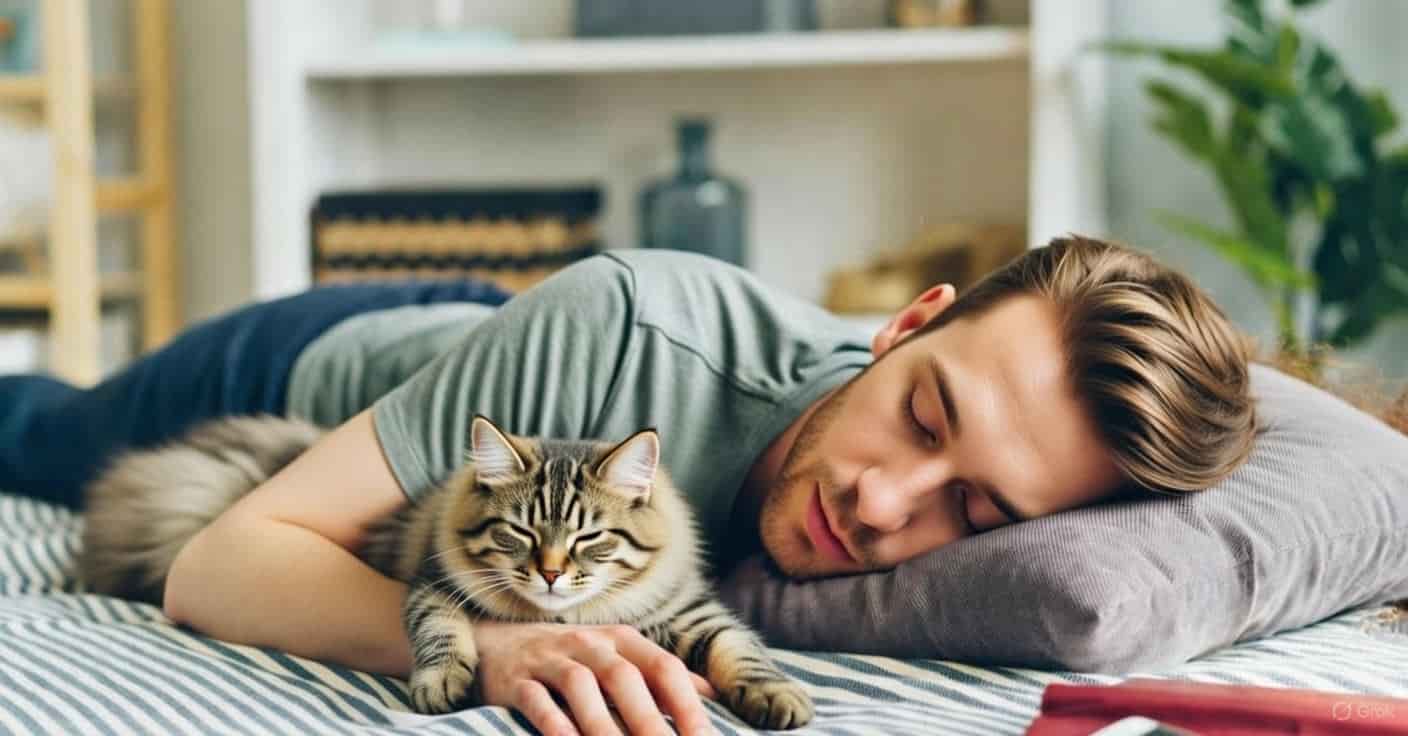 Person sleeping peacefully with a dog and cat on the bed, showing emotional comfort and strong bond with pets
