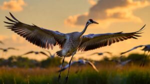 Sandhill Crane flying in migration flock during seasonal journey