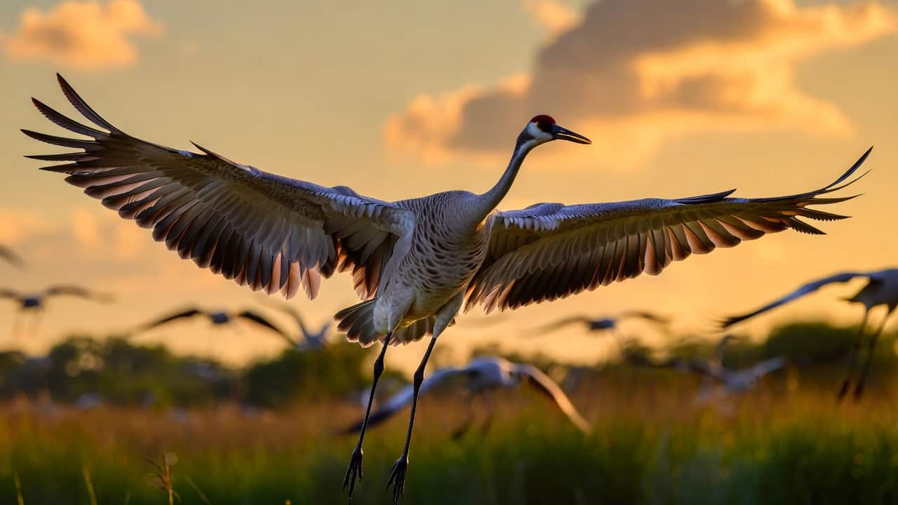 Sandhill Crane flying in migration flock during seasonal journey