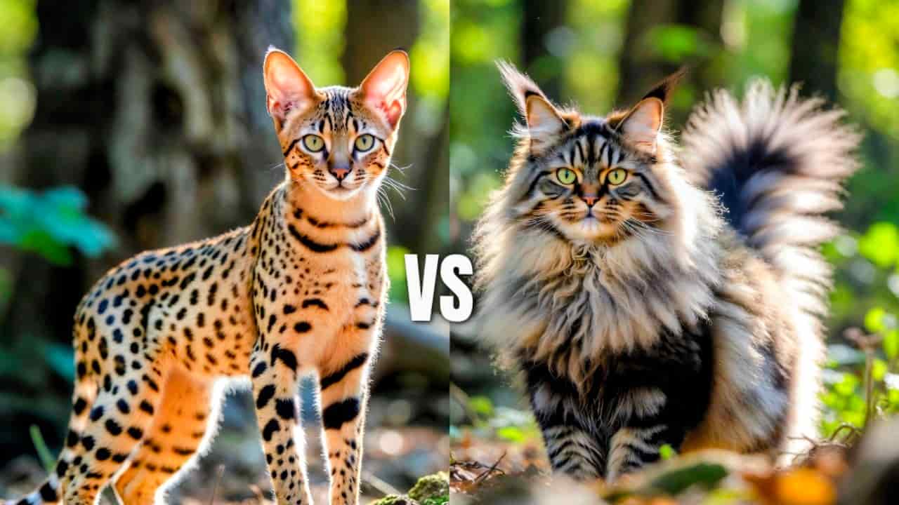 Savannah cat and Norwegian Forest Cat side by side comparison showing size, coat, and appearance differences