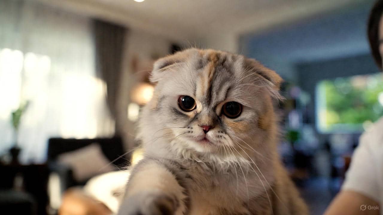 Scottish Fold cat with folded ears showing breed history, daily care, grooming routine, diet, vet advice, and common health issues