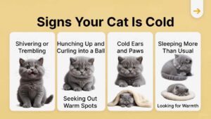 Signs your cat is cold including shivering, curling up tightly, cold ears and paws, and seeking warm spots
