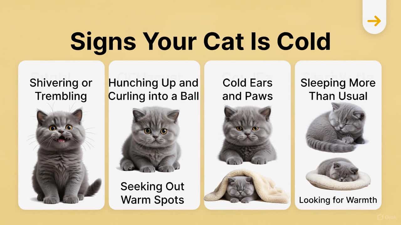 Signs your cat is cold including shivering, curling up tightly, cold ears and paws, and seeking warm spots