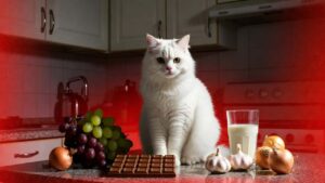 Curious cat next to toxic foods chocolate grapes onions garlic warning for cat owners
