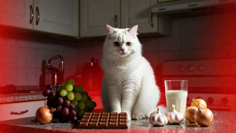 Curious cat next to toxic foods chocolate grapes onions garlic warning for cat owners