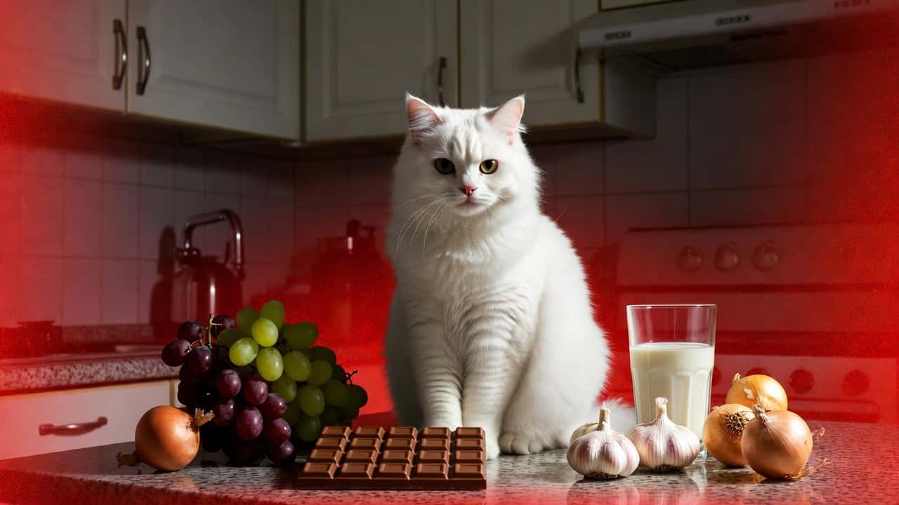 Curious cat next to toxic foods chocolate grapes onions garlic warning for cat owners