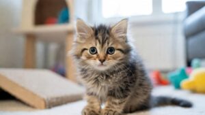 Healthy kitten communicating with its owner through body language and behavior signs & tips