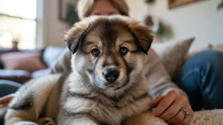 Puppy calmly resting next to its owner showing signs of trust and emotional bonding & connection