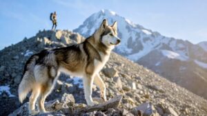 Rugged Alaskan Malamute hiking with owner on snowy mountain ridge overlooking vast wilderness peaks