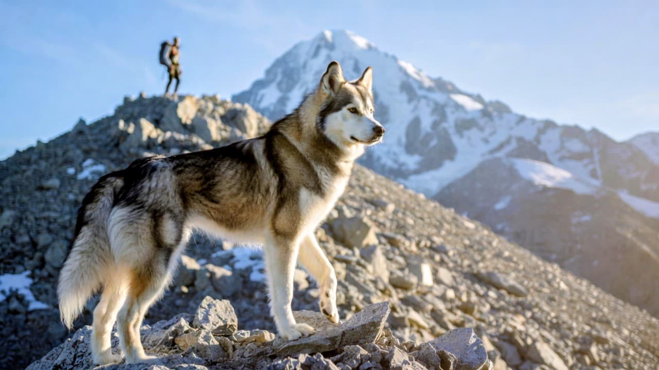 Rugged Alaskan Malamute hiking with owner on snowy mountain ridge overlooking vast wilderness peaks